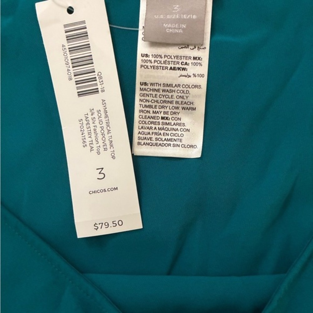 Chico's Asymmetrical Tunic Top Tapestry Teal 3/4 Sleeve Fashion Popover Size 3 - Picture 7 of 8